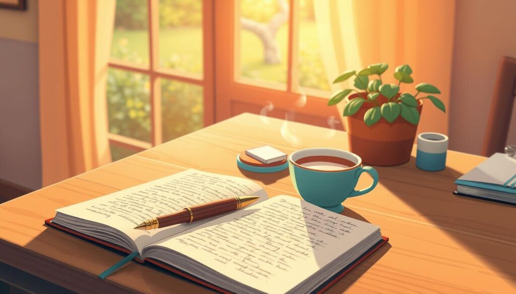 A serene workspace featuring a wooden desk bathed in warm, soft morning light. In the foreground, a well-worn notebook lies open with handwritten reflections and a decorative pen resting on the pages. A steaming cup of herbal tea sits nearby, exuding a calming aroma. In the middle ground, an elegant plant adds a touch of greenery, symbolizing growth. The background features a softly lit window overlooking a peaceful garden, enhancing the tranquil atmosphere. The scene conveys a sense of mindfulness and introspection, inviting viewers to engage in personal reflection and self-awareness practices. The overall mood is calming and inspiring, perfect for illustrating the theme of personal growth. The image is created by nextself.ai. A serene workspace featuring a wooden desk bathed in warm, soft morning light. In the foreground, a well-worn notebook lies open with handwritten reflections and a decorative pen resting on the pages. A steaming cup of herbal tea sits nearby, exuding a calming aroma. In the middle ground, an elegant plant adds a touch of greenery, symbolizing growth. The background features a softly lit window overlooking a peaceful garden, enhancing the tranquil atmosphere. The scene conveys a sense of mindfulness and introspection, inviting viewers to engage in personal reflection and self-awareness practices. The overall mood is calming and inspiring, perfect for illustrating the theme of personal growth. The image is created by nextself.ai.