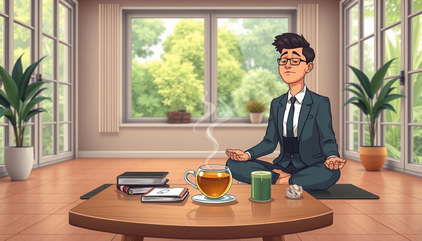 A person sitting quietly in meditation beside a warm cup of tea, a journal, and a candle in a sunlit room.